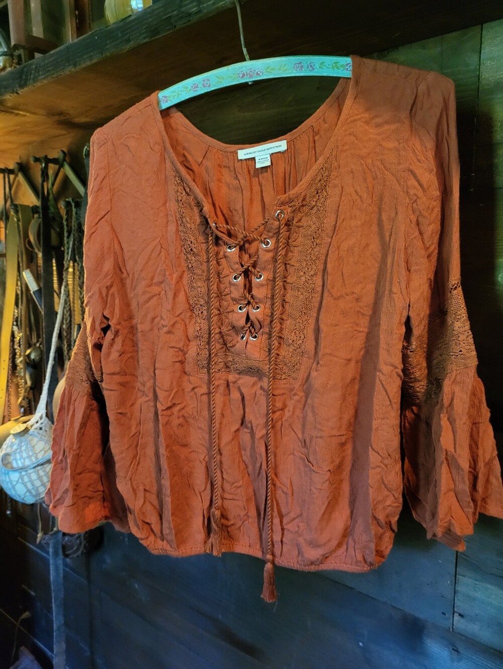 American Eagle Lace Front Bell Sleeve Blouse - Picture 1 of 3